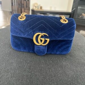 Gucci Marmont 22 Royal Blue Velvet Bag with Gold Accents